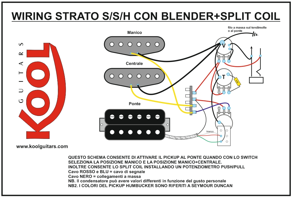 wiring stratocaster, 2 single coil , 1 humbucker, pickup, circuito chitarra elettrica